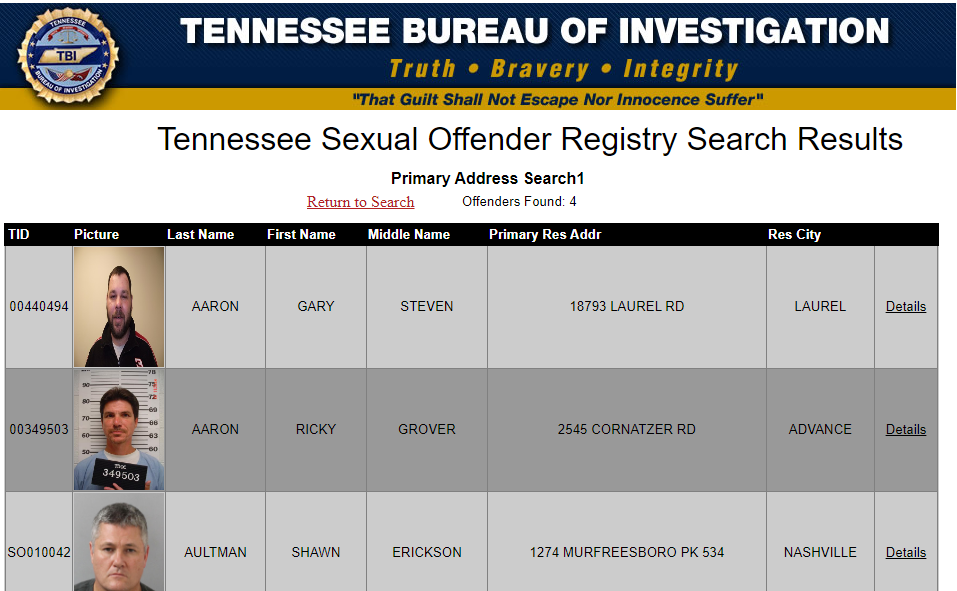 Tennessee Sex Offender Registries.